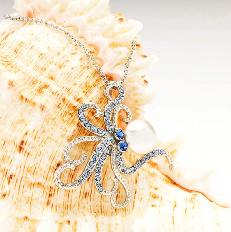 Sterling Silver Pearl and Crystal Octopus Necklace