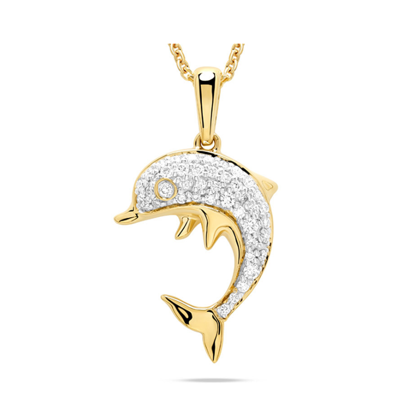 Deep Blue 14kt Gold Lab Diamond Dolphin Necklace