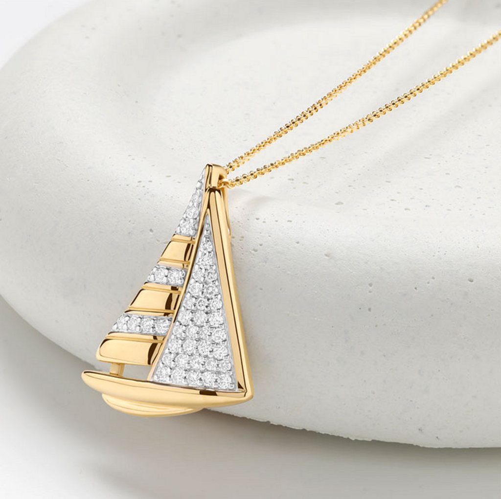 Deep Blue 14kt Gold Lab Diamond Sailing Boat Necklace