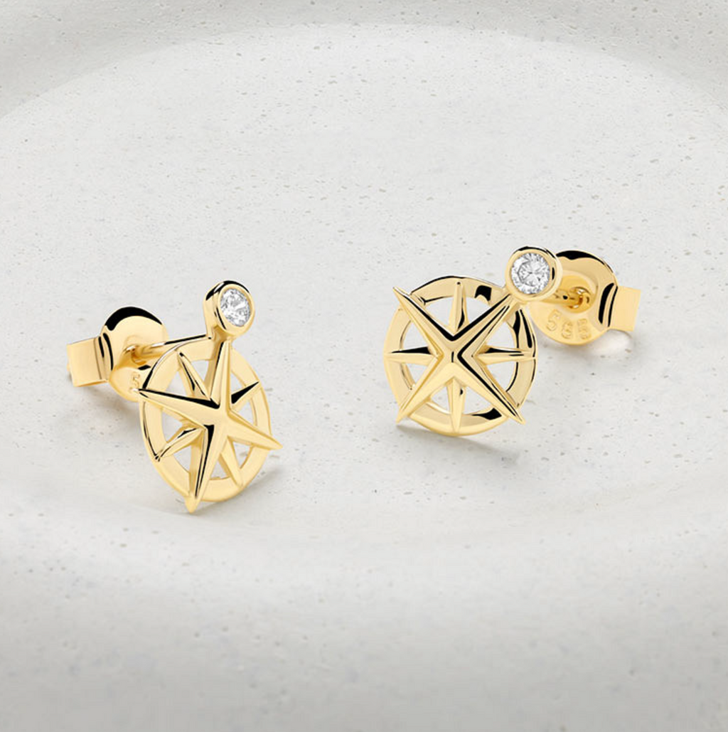 Deep Blue 14kt Gold Lab Diamond Ships Wheel Earrings