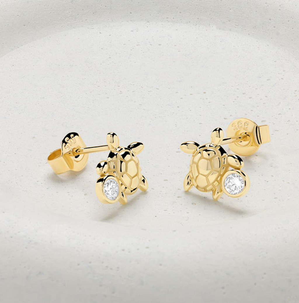 Deep Blue 14kt Gold Lab Diamond Turtle Earrings