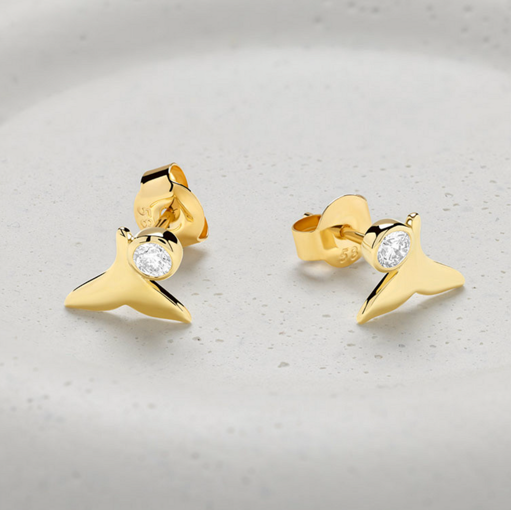 Deep Blue 14kt Gold Lab Diamond Whale Tail Earrings