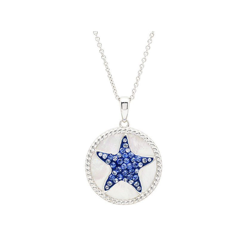 Ocean Sterling Silver Sapphire Crystal MOP Star fish Necklace