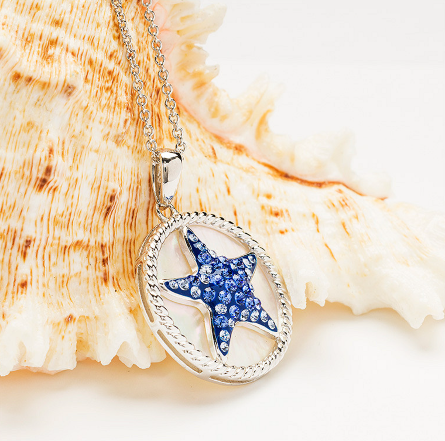 Ocean Sterling Silver Sapphire Crystal MOP Star fish Necklace