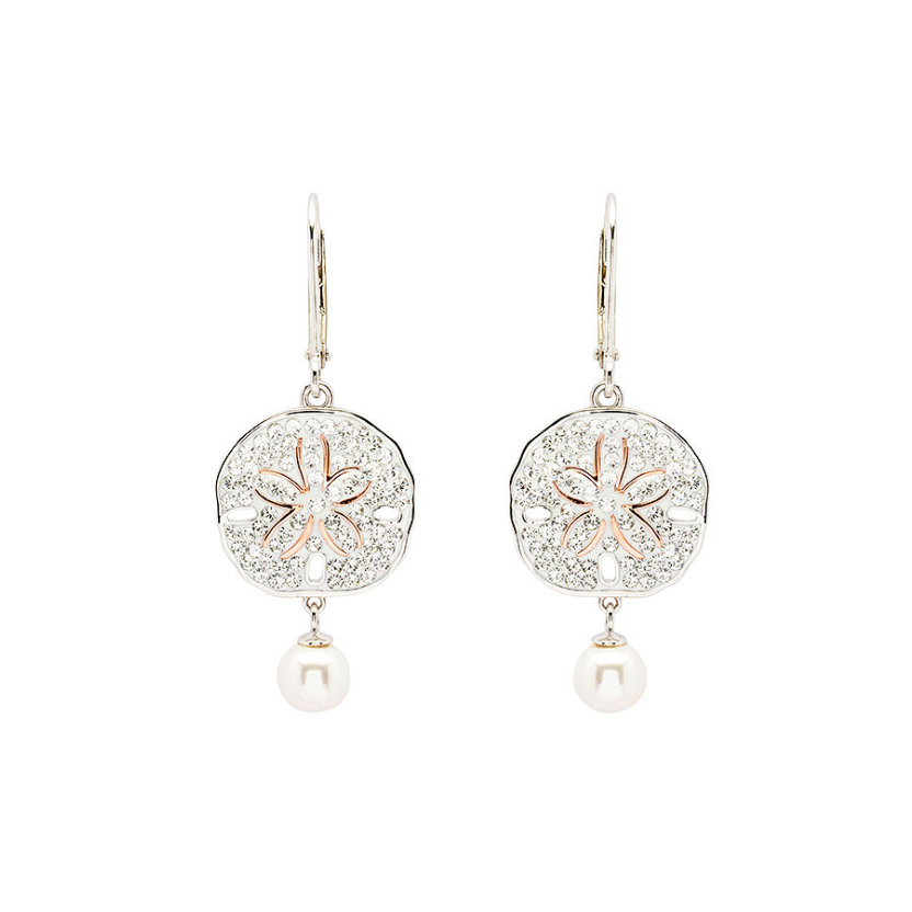 Sterling Silver Pearl and Crystal Sand Dollar Earrings