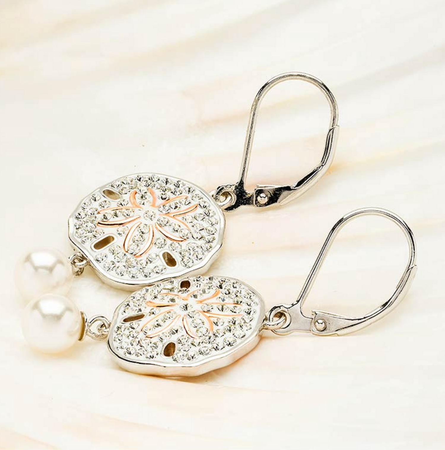Sterling Silver Pearl and Crystal Sand Dollar Earrings