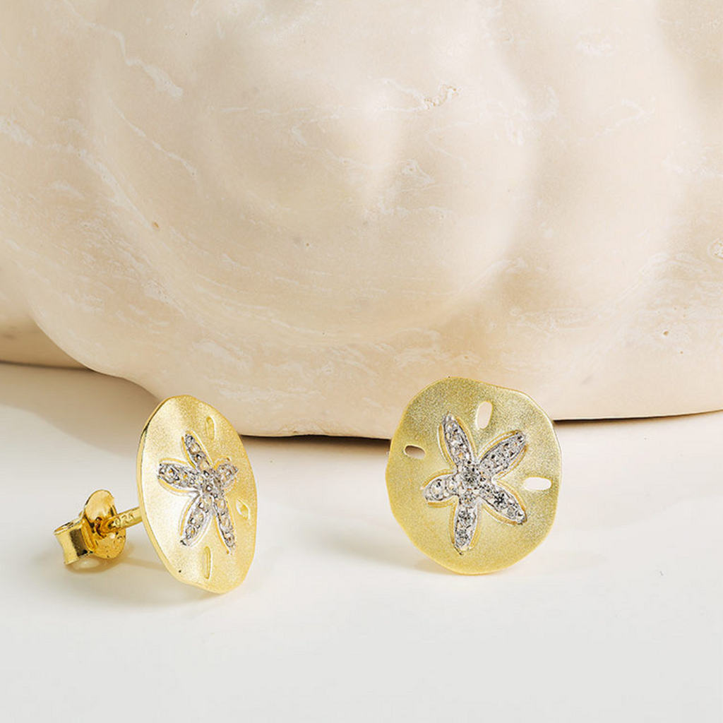 14kt Gold Vermeil White Sapphire Sand Dollar Earrings