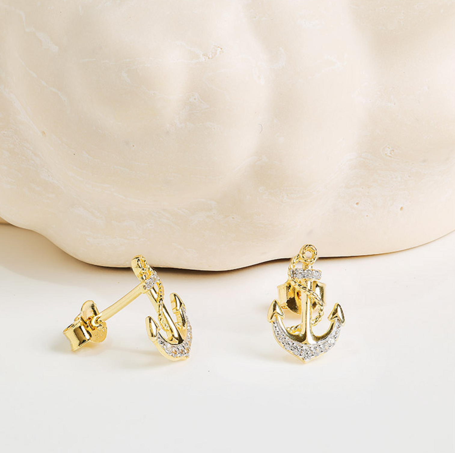 14kt Gold Vermeil White Sapphire Anchor Earrings