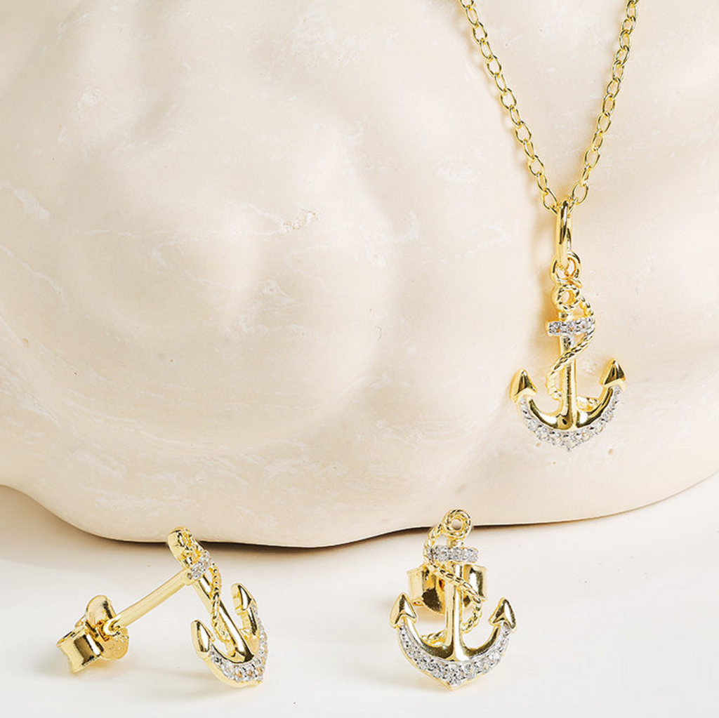 14kt Gold Vermeil White Sapphire Anchor Earrings