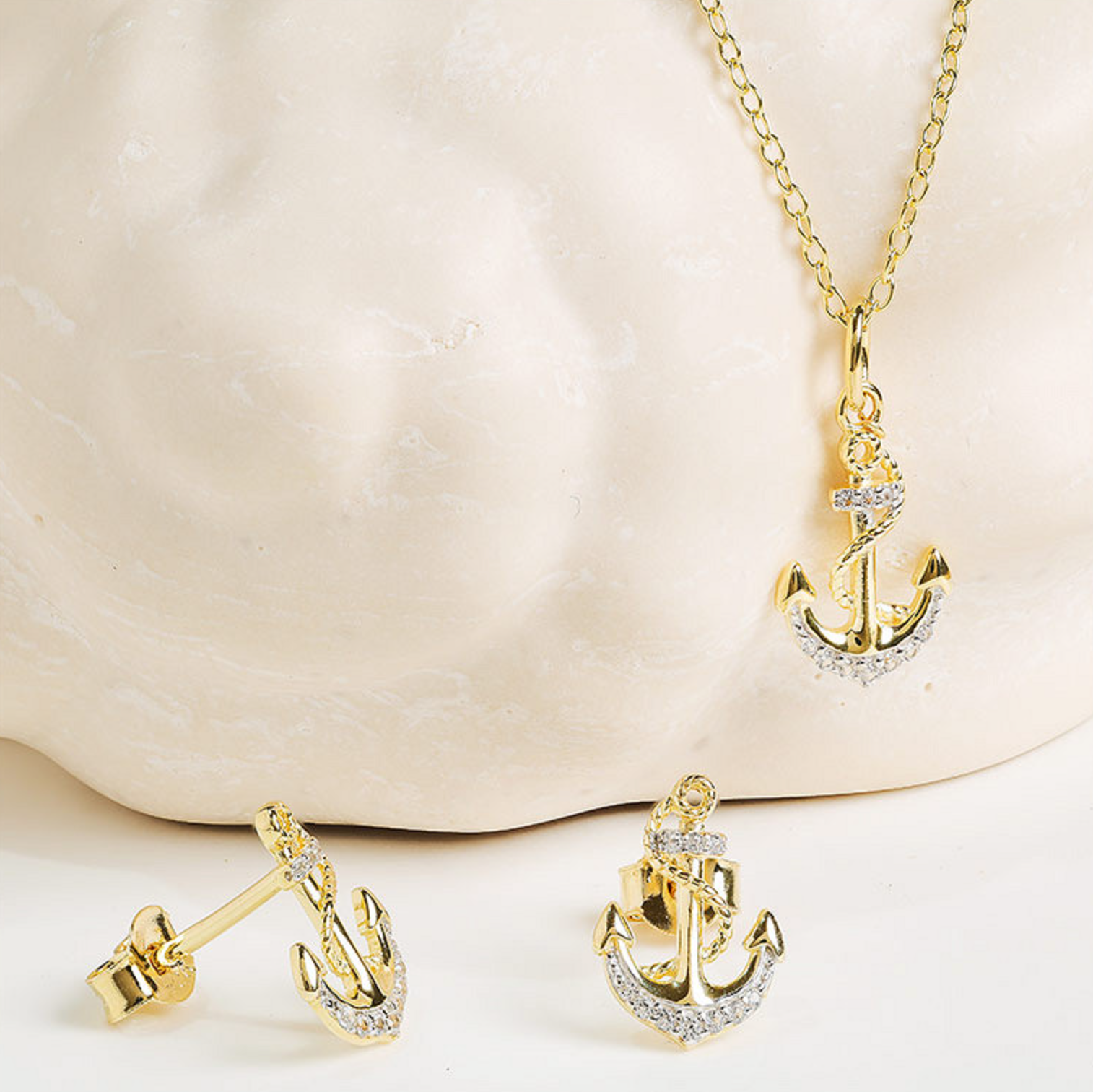 14kt Gold Vermeil White Sapphire Anchor Earrings
