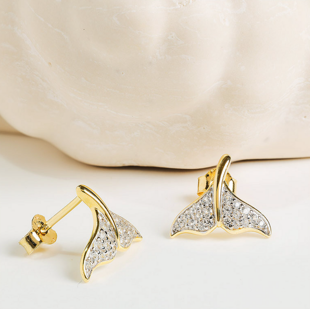 14kt Gold Vermeil White Sapphire Whale Tail Earrings