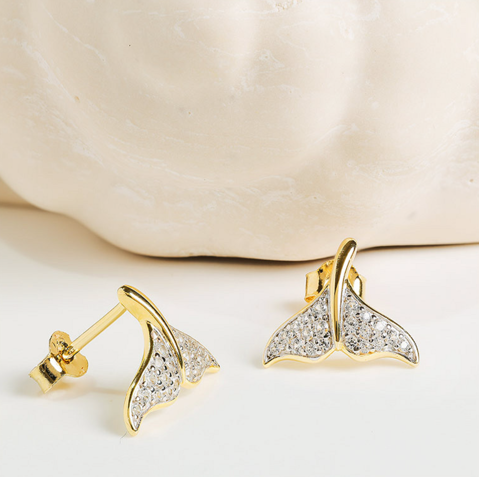 14kt Gold Vermeil White Sapphire Whale Tail Earrings