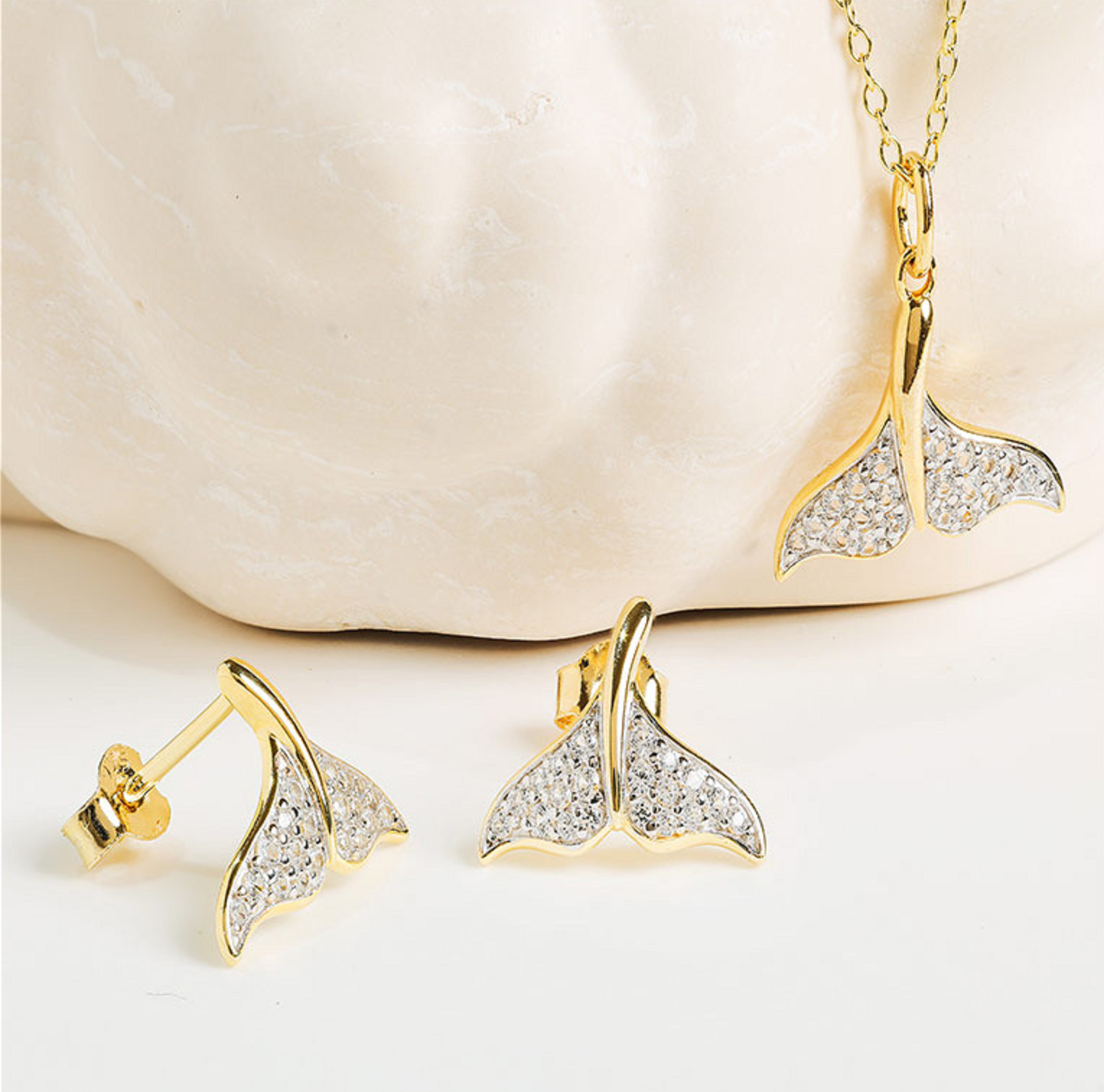 14kt Gold Vermeil White Sapphire Whale Tail Earrings