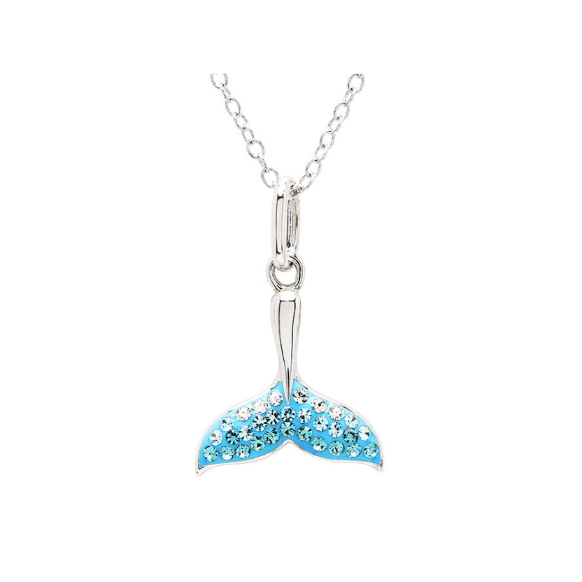 Ocean Sterling Silver Aqua Crystal Whale Tail mini Necklace