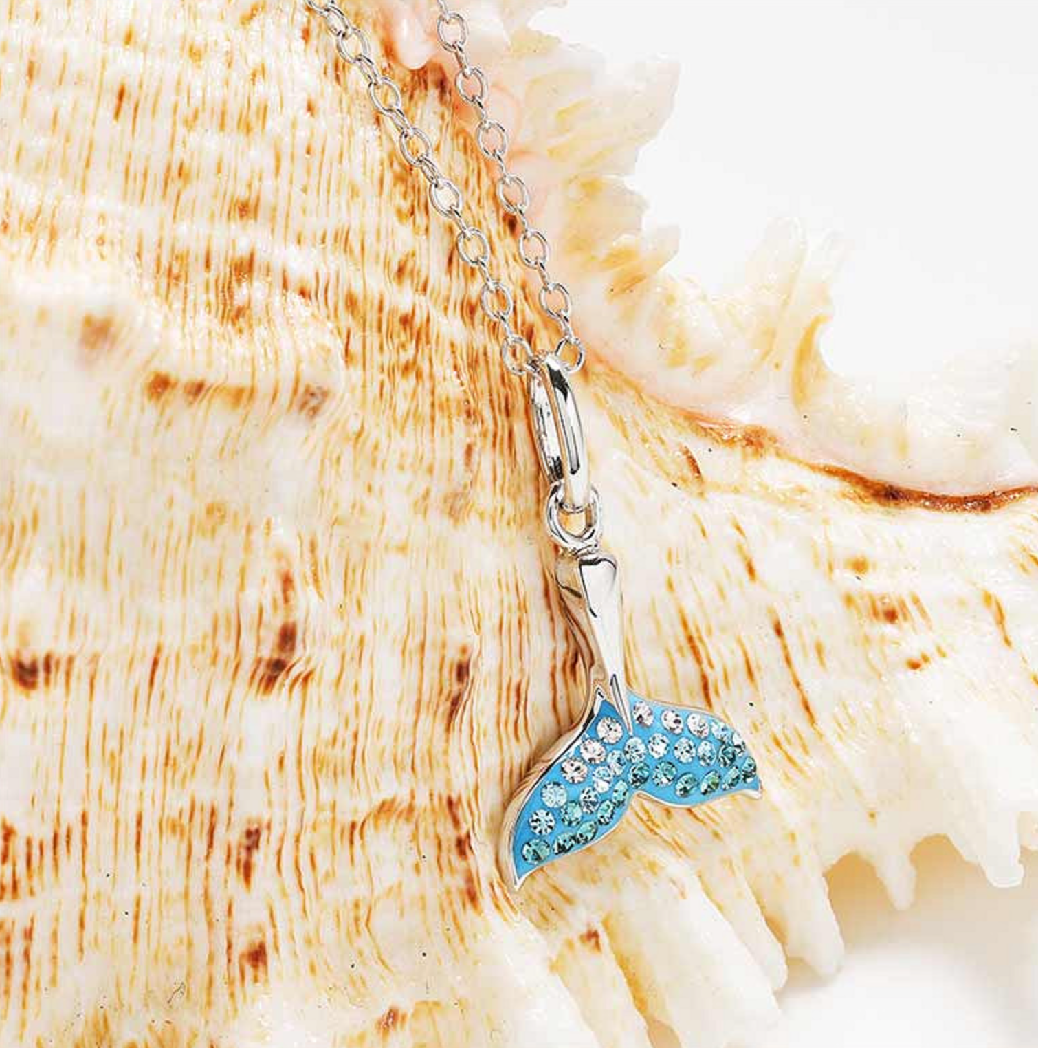 Ocean Sterling Silver Aqua Crystal Whale Tail mini Necklace