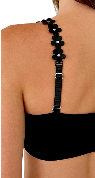 Black Plunge Bra Black Vegan Leather Flower Interchangeable Straps