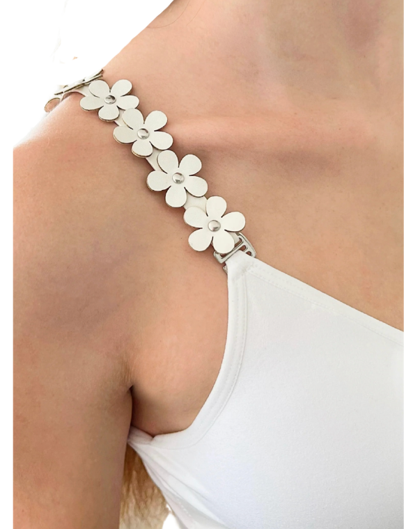 White Plunge Bra White Vegan Leather Flower Interchangeable Straps