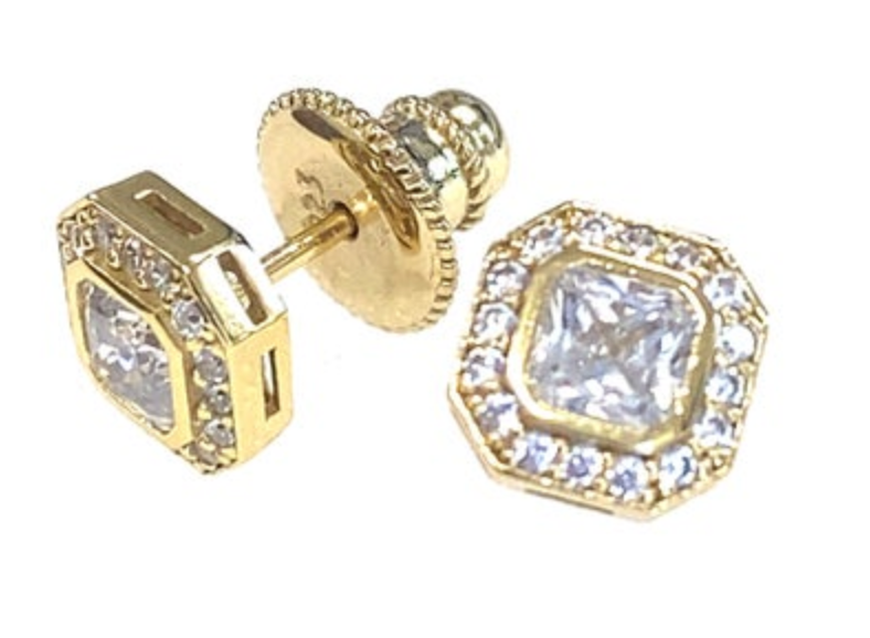 Jada S.S. .925 "Adelaide" Solitaire Octagon Halo Post Gold Earring