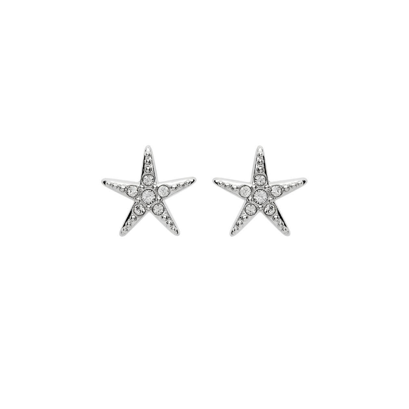 Ocean SS Stud Star Fish White Crystal Earrings