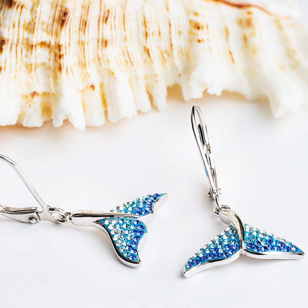 Sterling Silver Blue/White Crystal Whale Tail Earrings