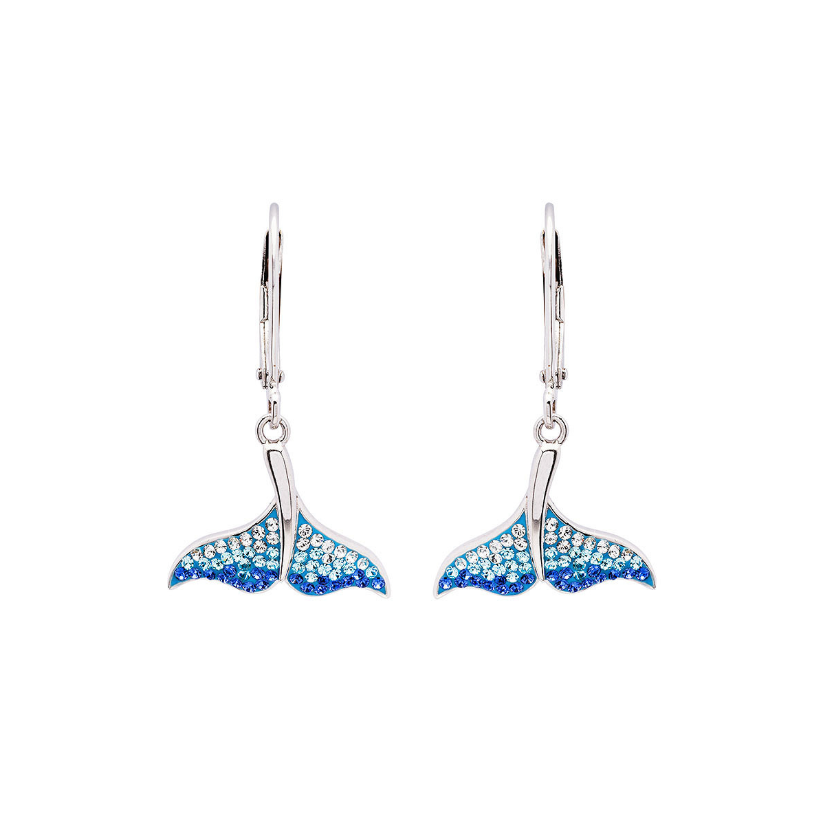 Sterling Silver Blue/White Crystal Whale Tail Earrings