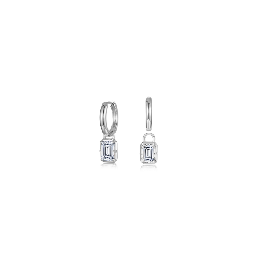 Silver Emerald-Cut Padlock Huggies