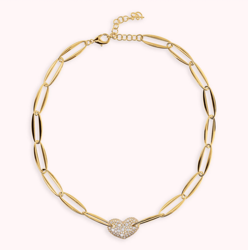 Bronzallure Gold Marquise Link and Heart Pavé Necklace