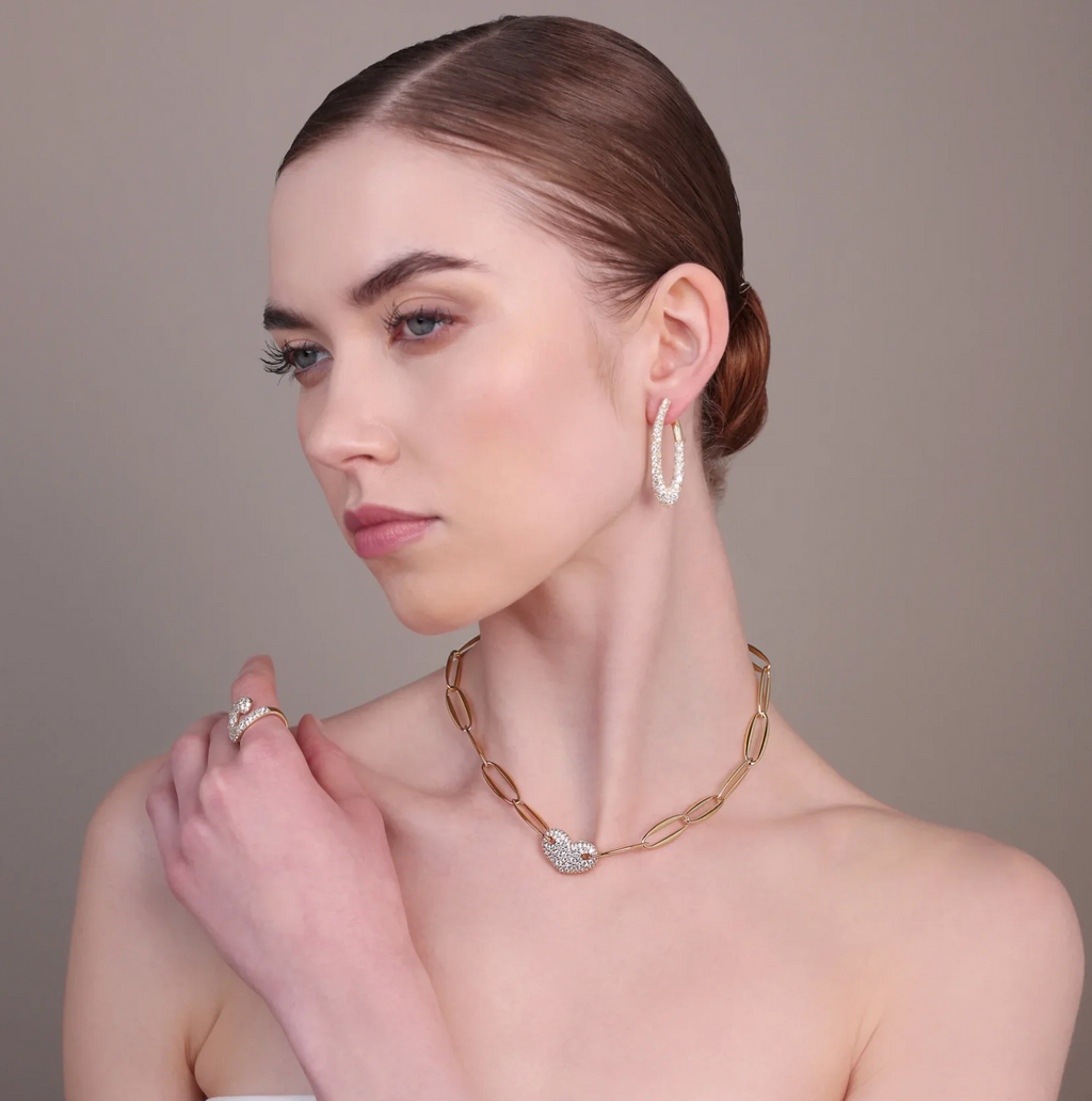 Bronzallure Gold Marquise Link and Heart Pavé Necklace