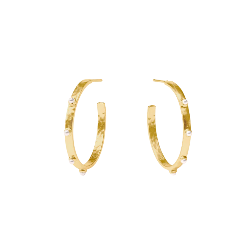 Gold Pearl Crescent Stone Hoop