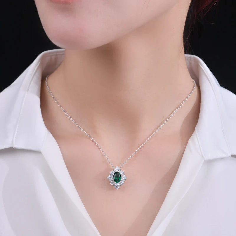Victoria 39 Necklace Crystalline Oval in a Halo - Emerald Green