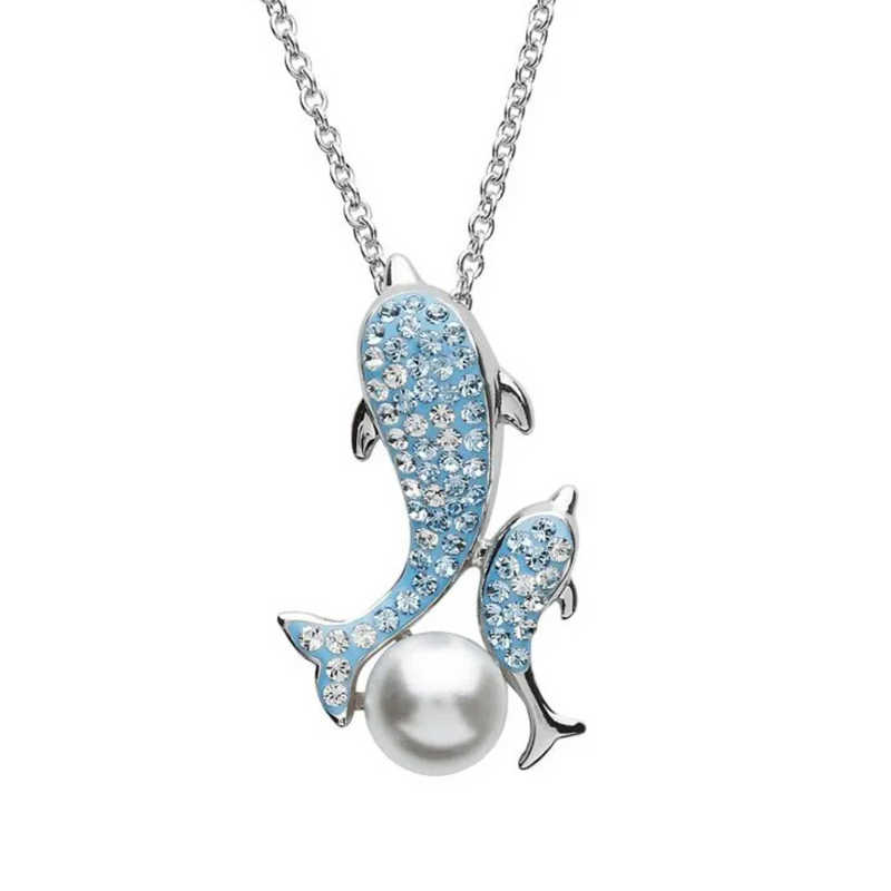 Ocean SS Aqua SW Crystal and Pearl Mother/Baby Dolphin Necklace