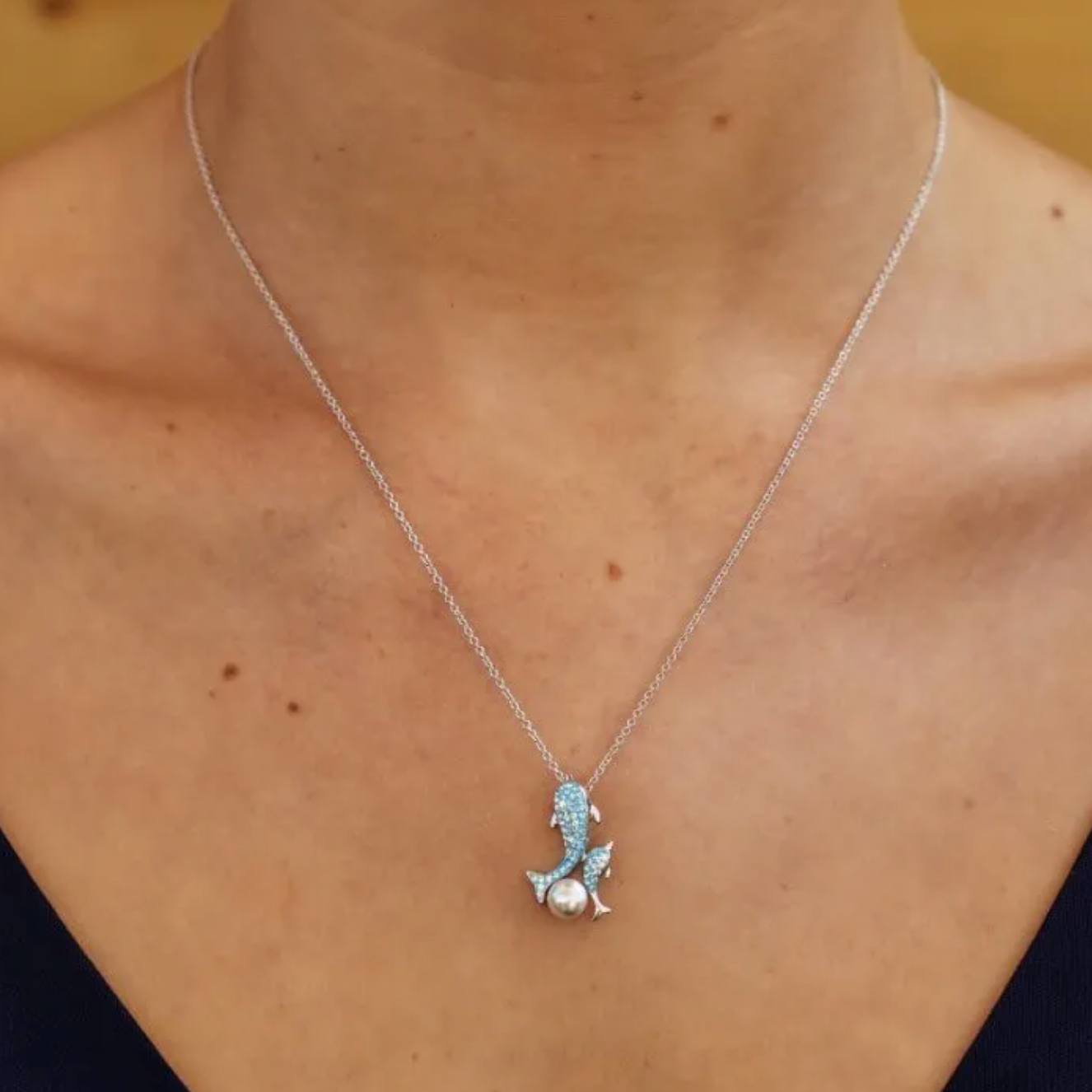 Ocean SS Aqua SW Crystal and Pearl Mother/Baby Dolphin Necklace