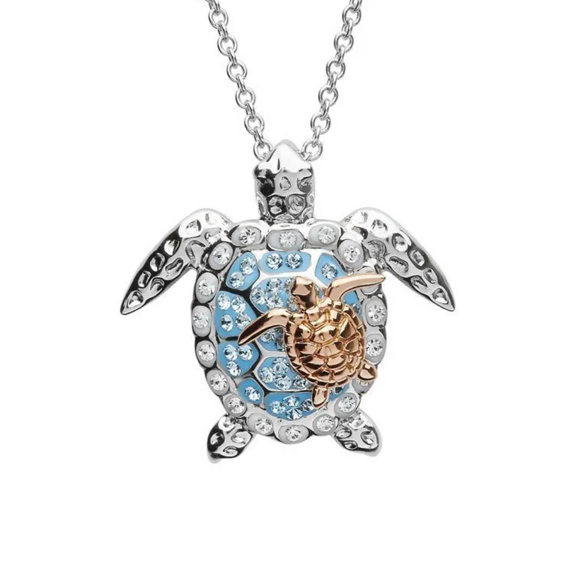 Ocean SS Aqua SW Crystal Turtle and Baby Necklace Rose plate