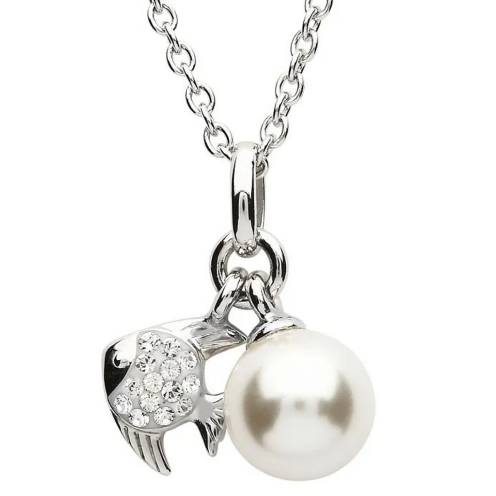 Ocean SS Fish Necklace with White Crystals and Pearl