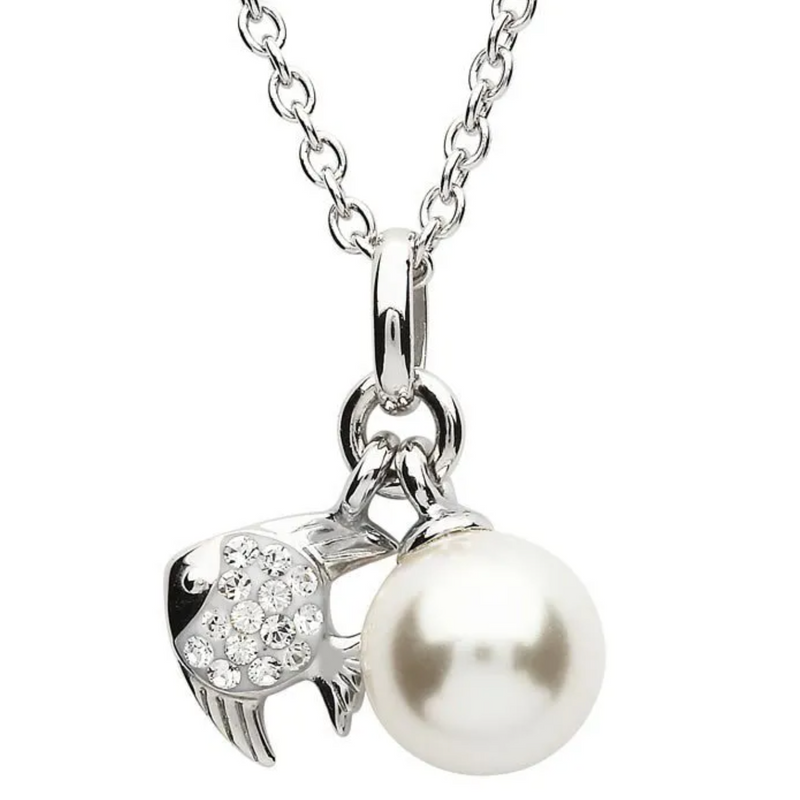 Ocean SS Fish Necklace with White Crystals and Pearl