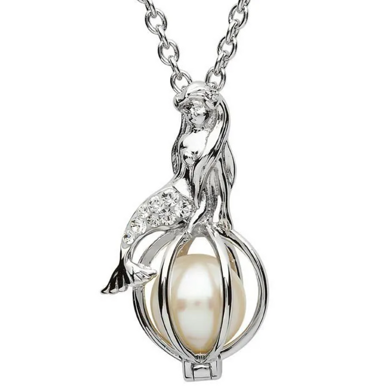 Ocean SS Mermaid Cage Necklace with White Crystals and Pearl