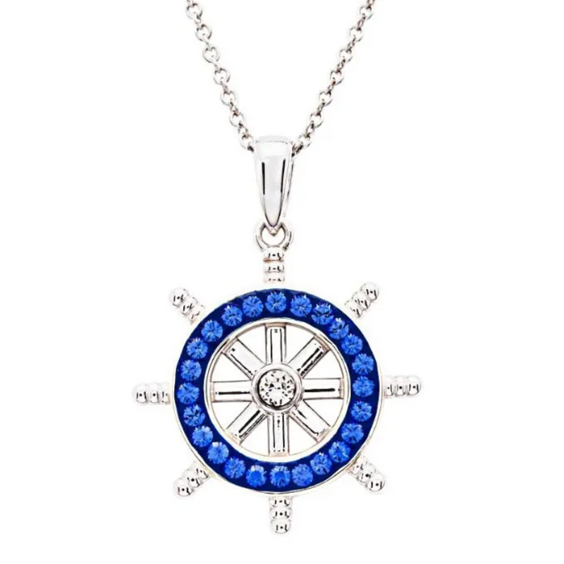 Ocean SS SW Sapphire Crystal Ships Wheel Necklace