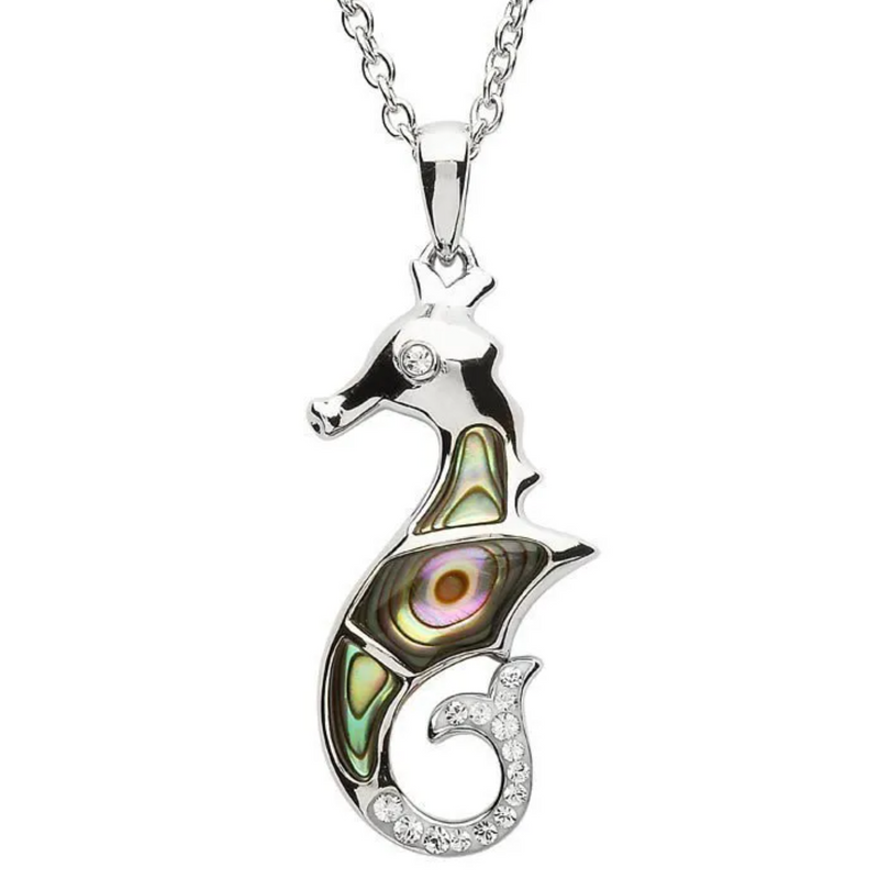Ocean SS Sea Horse Necklace with Abalone and white Crystals