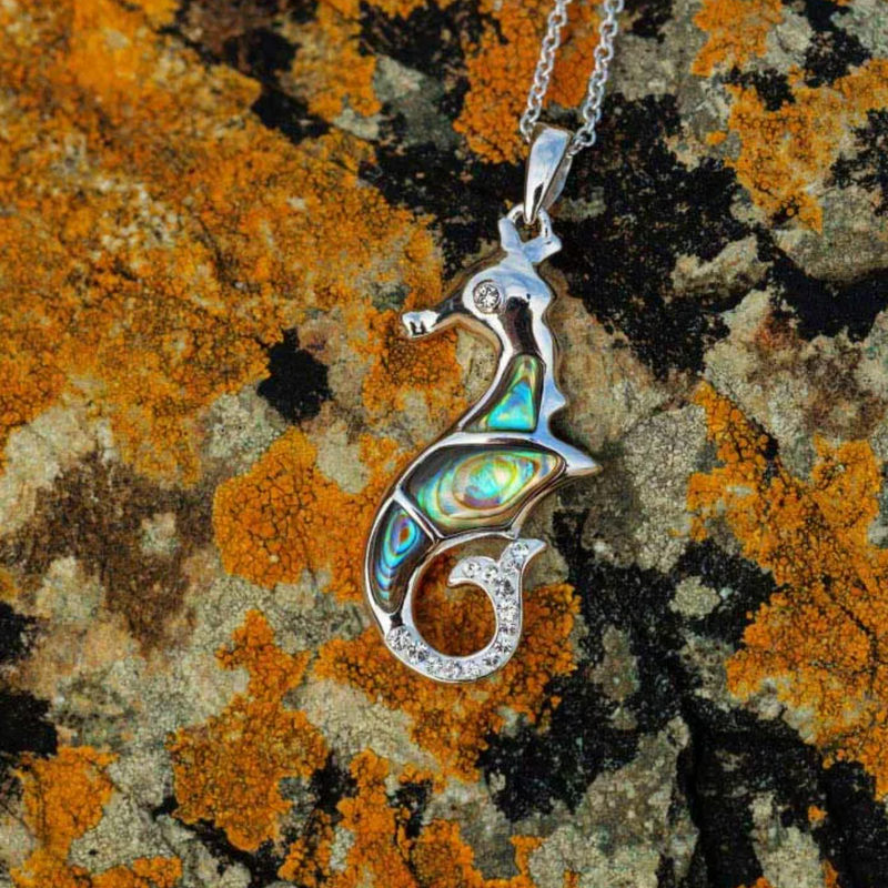 Ocean SS Sea Horse Necklace with Abalone and white Crystals