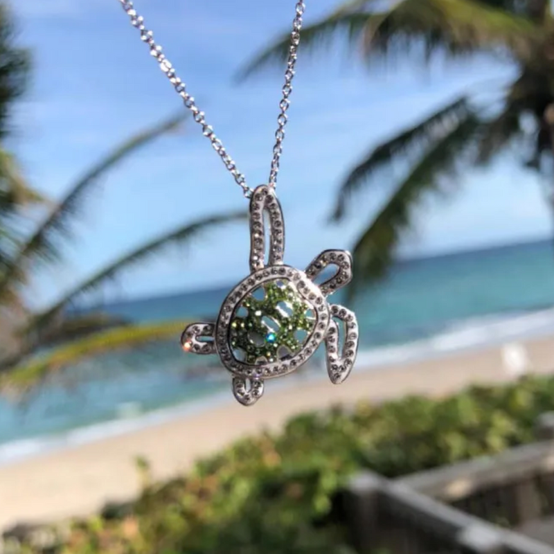 Ocean SS SW Peridot / White Crystal Turtle Necklace
