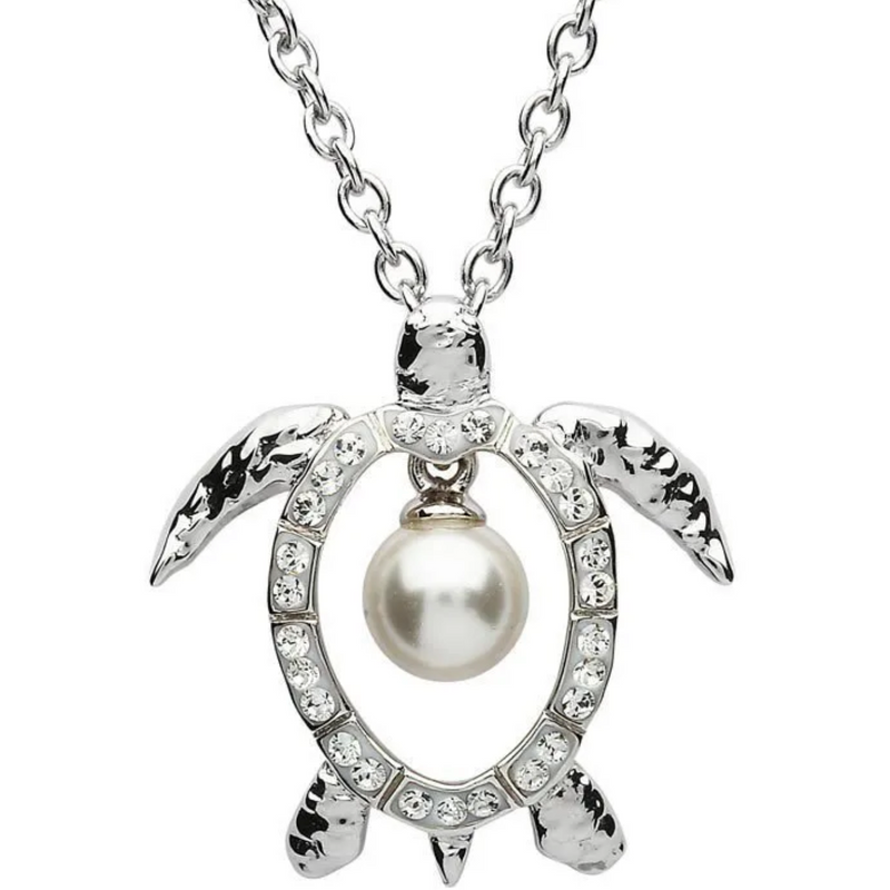 Ocean SS Turtle Necklace with white Crystals and Pearl