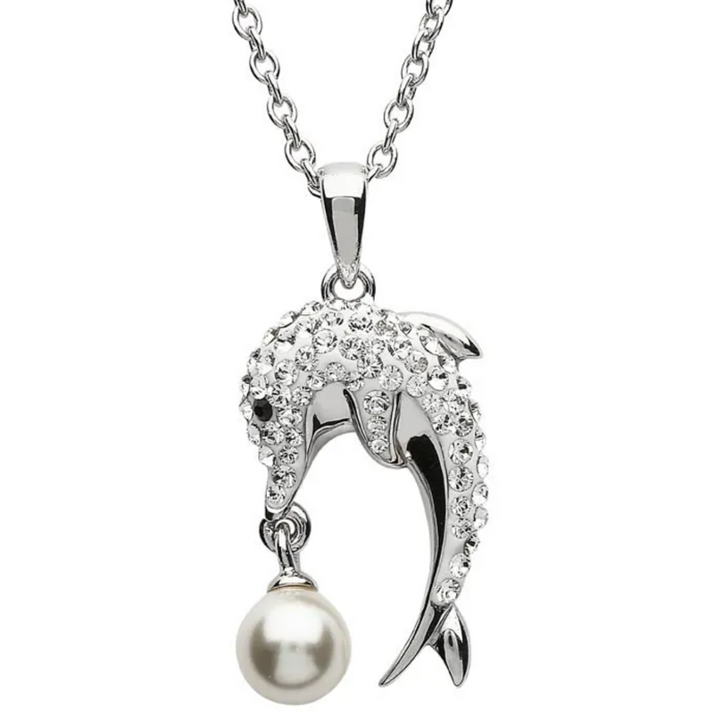 Ocean SS Dolphin Necklace Adorned with White Crystals and Pearl