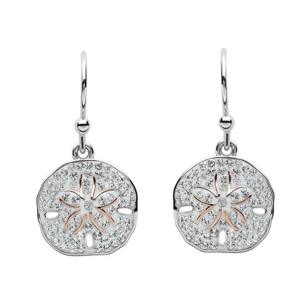 Ocean SS White SW Crystal Sand Dollar Drop Earrings Rose Plate