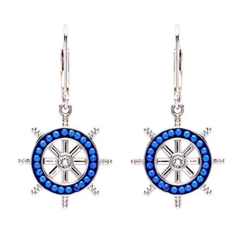 Ocean SS SW Sapphire Crystal Ships Wheel Drop Earrings