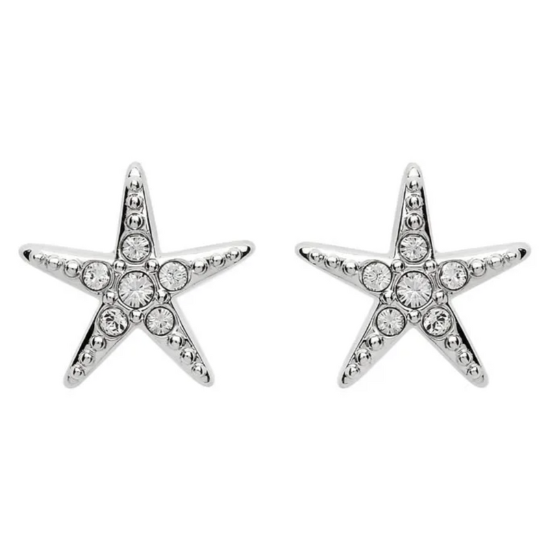 Ocean SS Stud Star Fish White Crystal Earrings