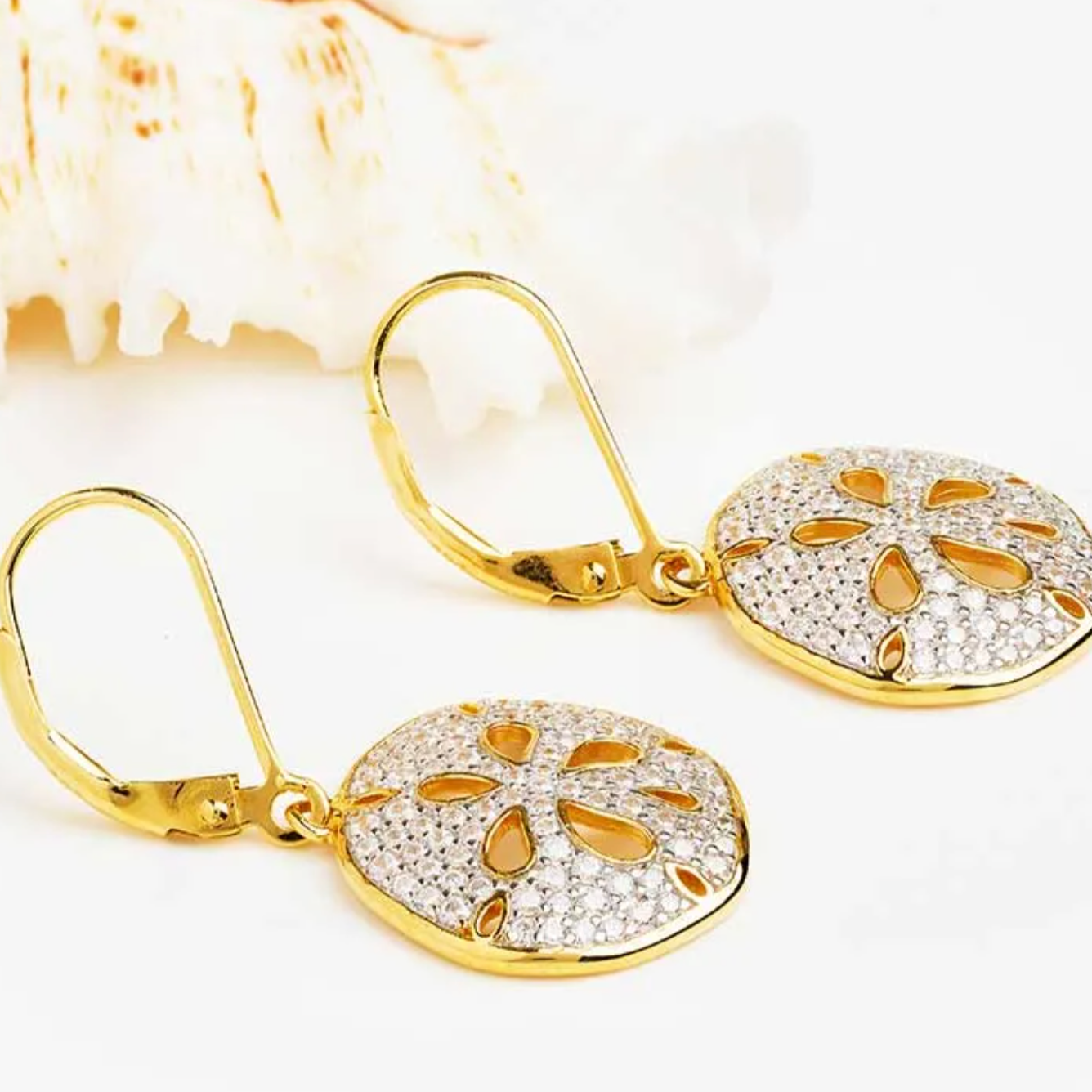 Ocean 14kt Gold Vermeil CZ Sand Dollar Drop Earrings
