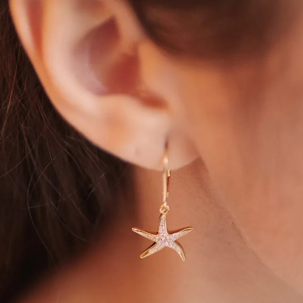 Ocean 14kt Gold Vermeil CZ Star Fish Drop Earrings