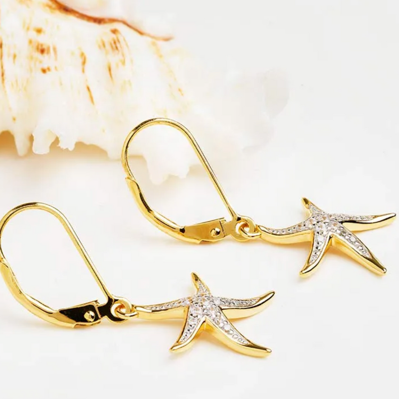 Ocean 14kt Gold Vermeil CZ Star Fish Drop Earrings