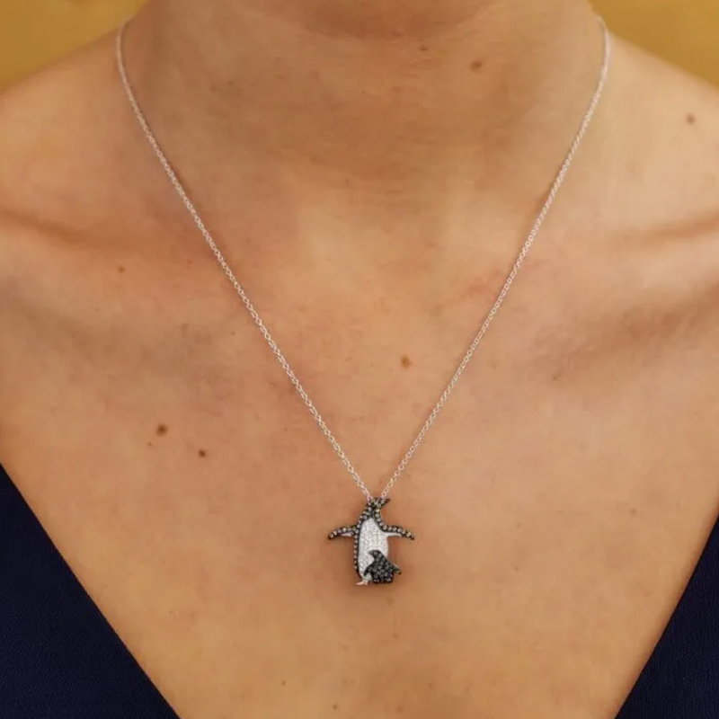 Sterling Silver Cute Penguin Hold Rose Gold Plated Heart Pendant Neckl