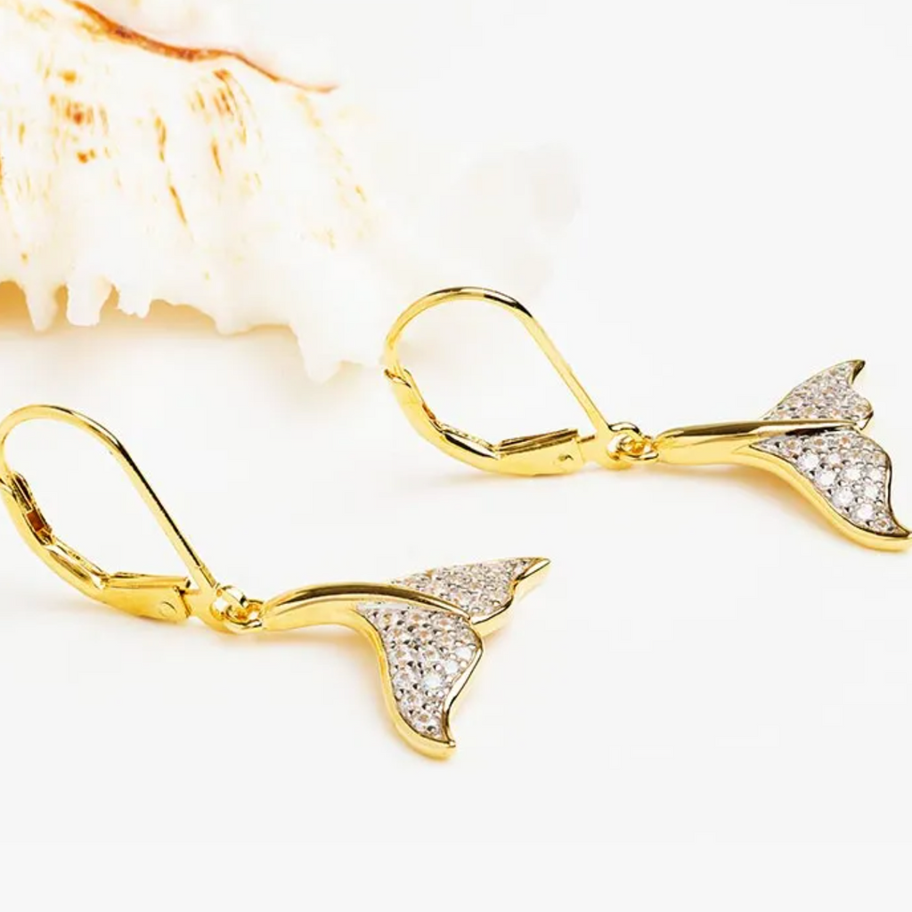 Ocean 14kt Gold Vermeil CZ Whale Tail Drop Earrings